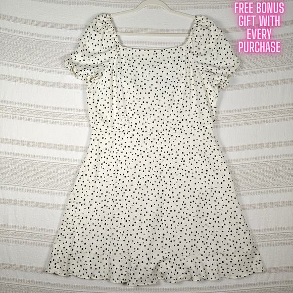 Loft White Black Polka Dot Puff Sleeve Lined Dress Size 14 NEW - Picture 1 of 8